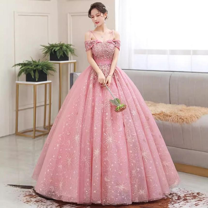 Ball Floral Shoulder Sequin Gown Cold