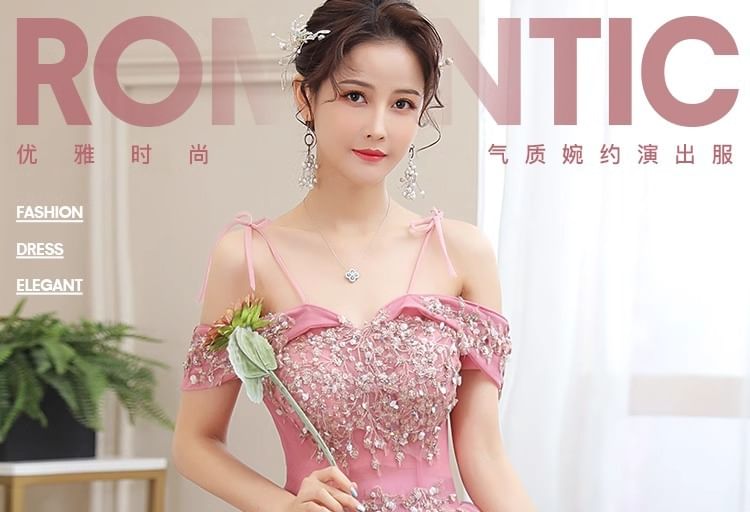 Ball Floral Shoulder Sequin Gown Cold