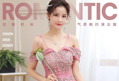 Ball Floral Shoulder Sequin Gown Cold