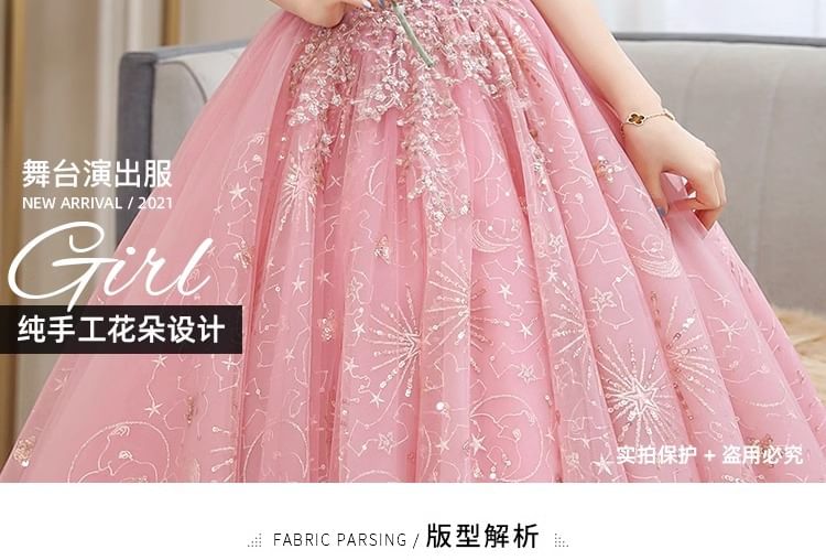 Ball Floral Shoulder Sequin Gown Cold
