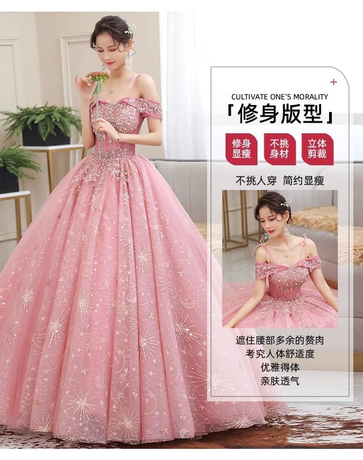 Ball Floral Shoulder Sequin Gown Cold