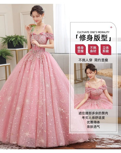 Ball Floral Shoulder Sequin Gown Cold