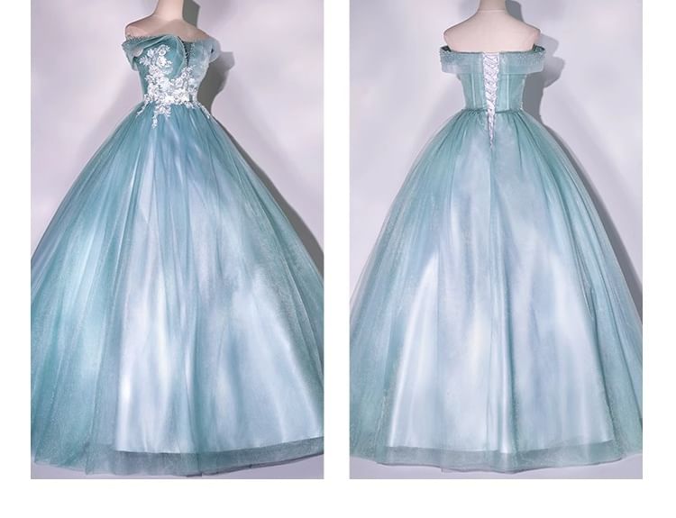 Off-Shoulder Floral Embroidered Beaded Ball Gown