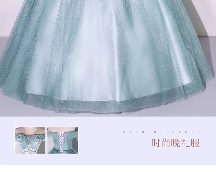 Off-Shoulder Floral Embroidered Beaded Ball Gown