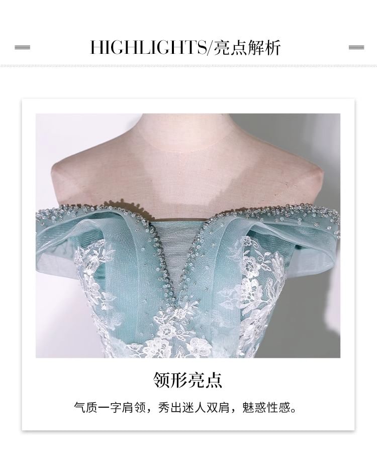 Off-Shoulder Floral Embroidered Beaded Ball Gown