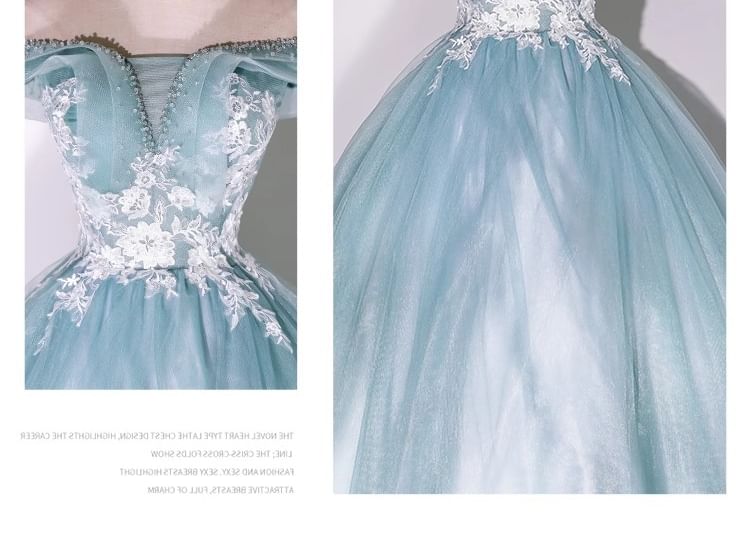 Off-Shoulder Floral Embroidered Beaded Ball Gown