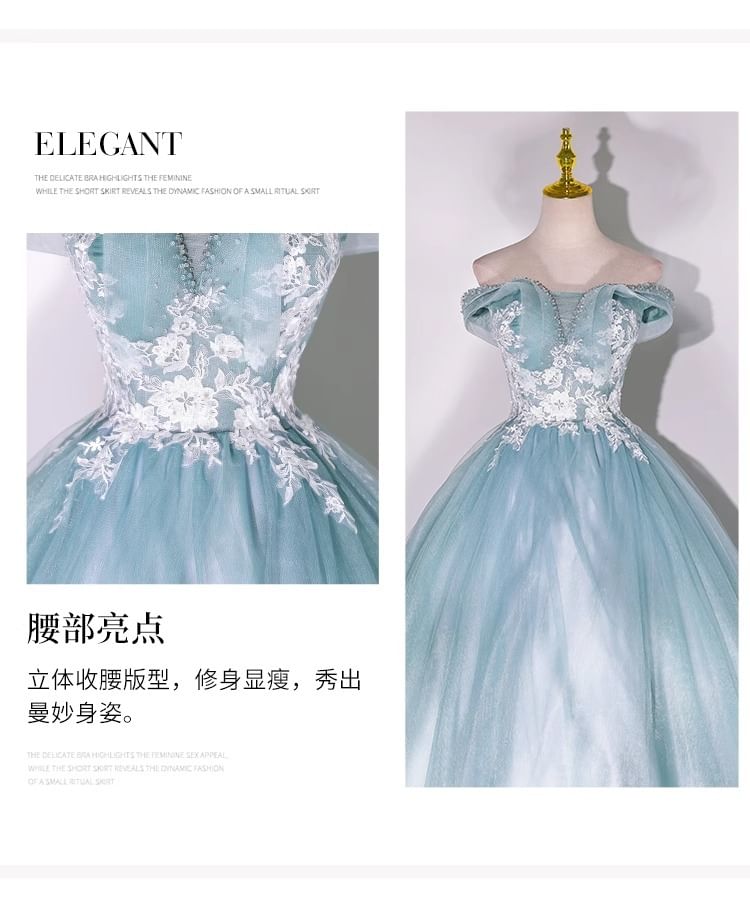 Off-Shoulder Floral Embroidered Beaded Ball Gown