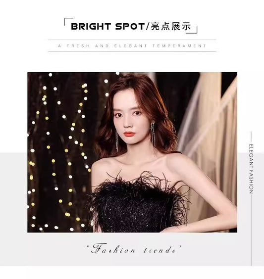 Strapless Sequin Lace Panel Feather Trim A-Line Evening Gown