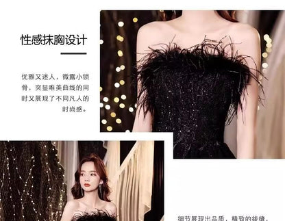 Strapless Sequin Lace Panel Feather Trim A-Line Evening Gown