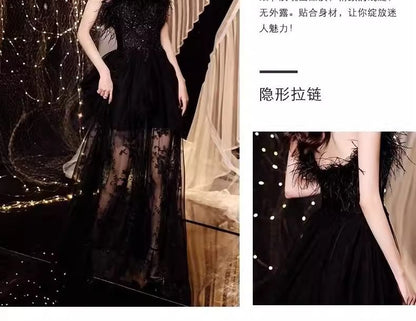 Lace Gown Sequin Panel Evening Feather Strapless Trim A-Line