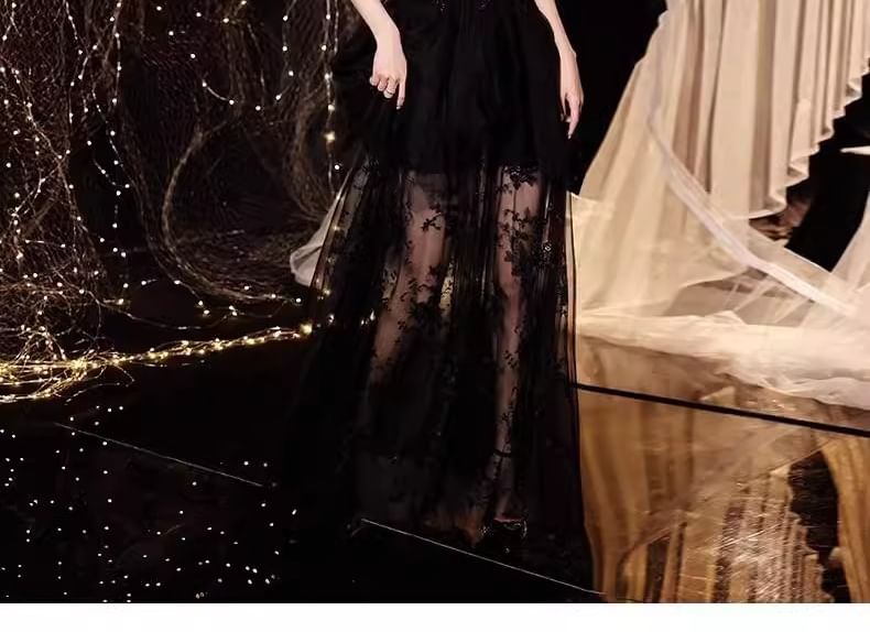 Strapless Sequin Lace Panel Feather Trim A-Line Evening Gown