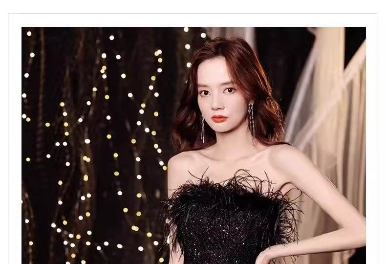 Lace Gown Sequin Panel Evening Feather Strapless Trim A-Line