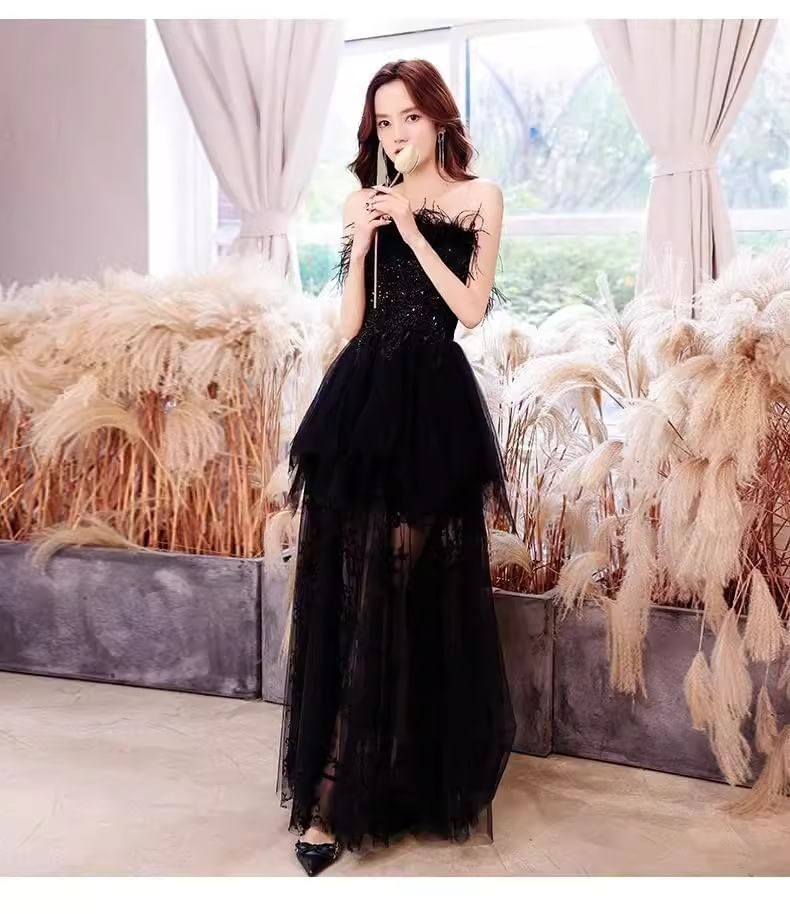 Strapless Sequin Lace Panel Feather Trim A-Line Evening Gown