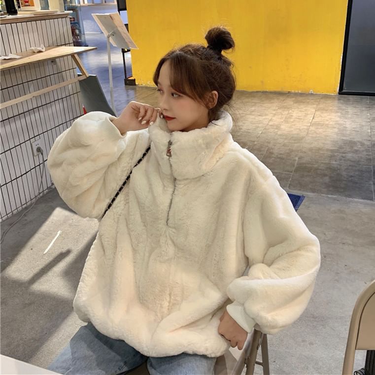 Stand Collar Plain Fluffy Half Zip Jacket