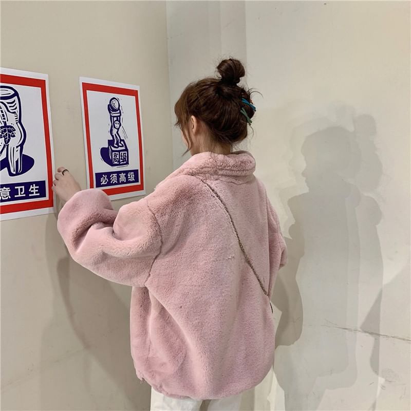 Stand Collar Plain Fluffy Half Zip Jacket