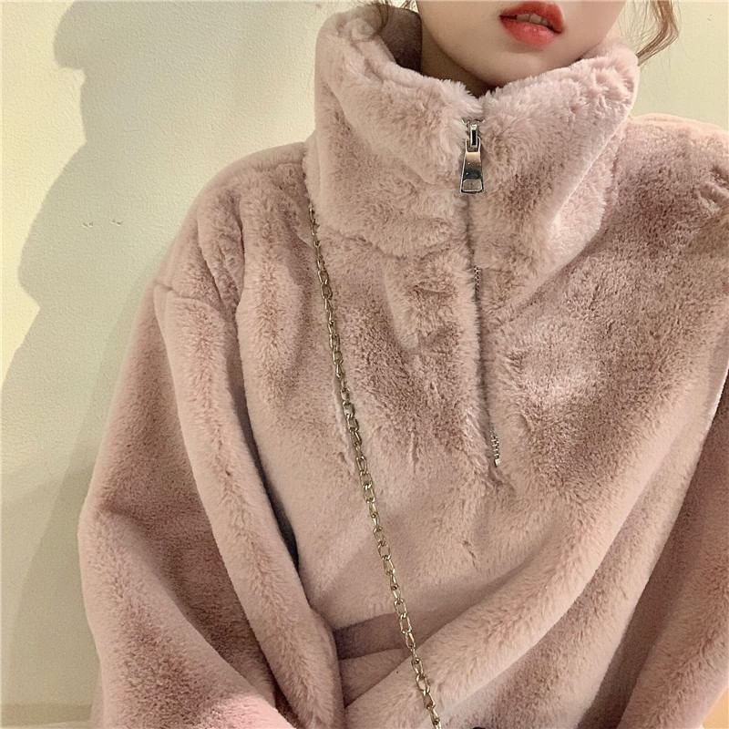 Stand Collar Plain Fluffy Half Zip Jacket