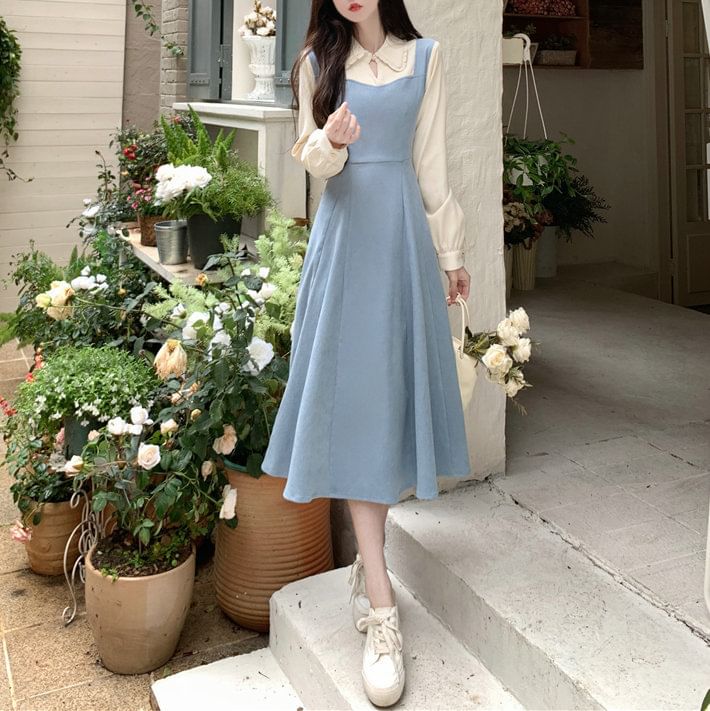 Mock Two-Piece Long-Sleeve Two Tone Midi A-Line Dress