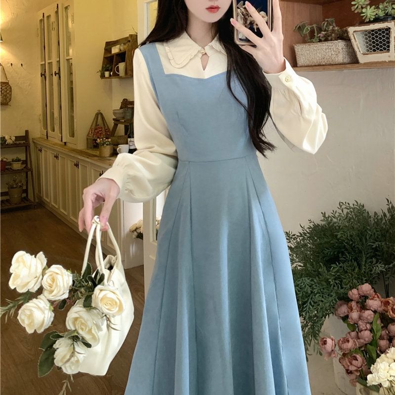 Mock Two-Piece Long-Sleeve Two Tone Midi A-Line Dress