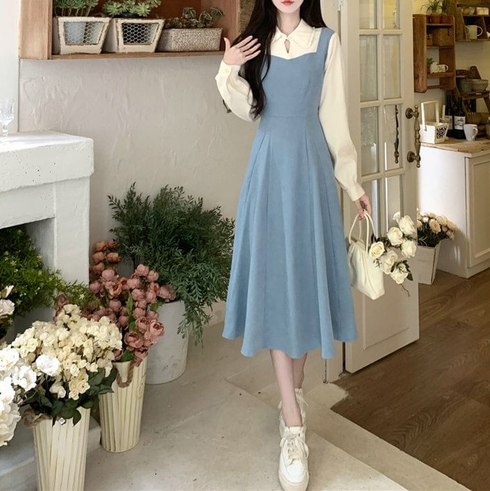 Mock Two-Piece Long-Sleeve Two Tone Midi A-Line Dress