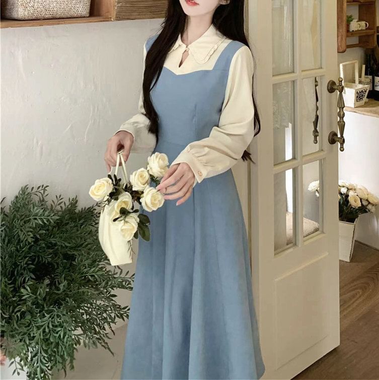 Mock Two-Piece Long-Sleeve Two Tone Midi A-Line Dress