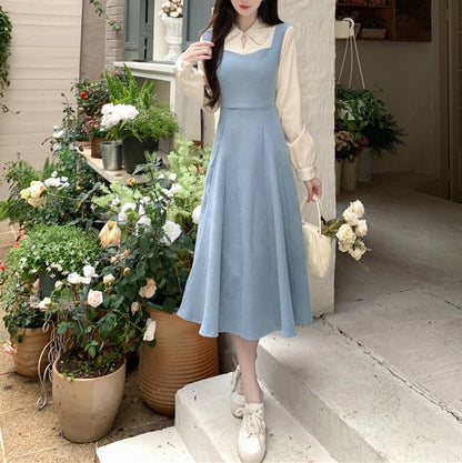 Mock Two-Piece Long-Sleeve Two Tone Midi A-Line Dress