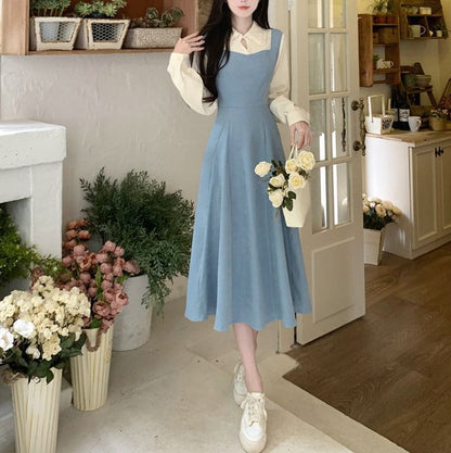 Mock Two-Piece Long-Sleeve Two Tone Midi A-Line Dress