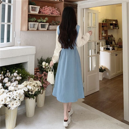 Mock Two-Piece Long-Sleeve Two Tone Midi A-Line Dress