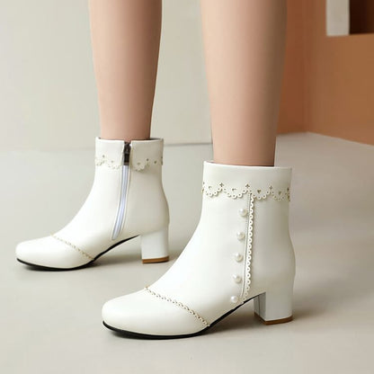 Faux Pearl Chunky Heel Short Boots