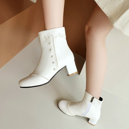 Faux Pearl Chunky Heel Short Boots
