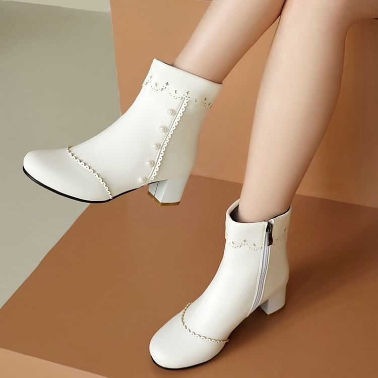 Faux Pearl Chunky Heel Short Boots