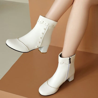Faux Pearl Chunky Heel Short Boots
