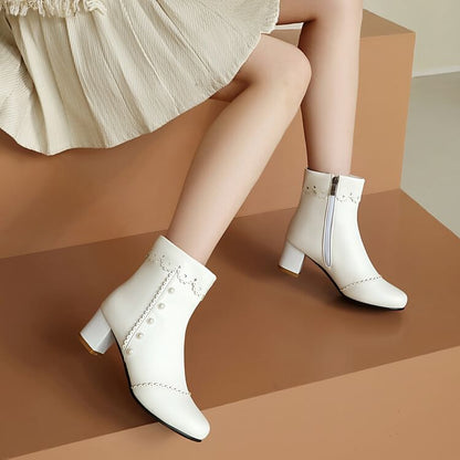 Faux Pearl Chunky Heel Short Boots
