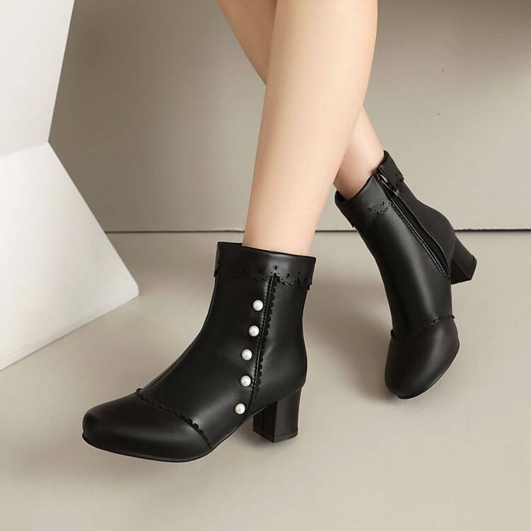 Faux Pearl Chunky Heel Short Boots