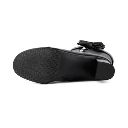 Faux Pearl Chunky Heel Mid-Calf Boots