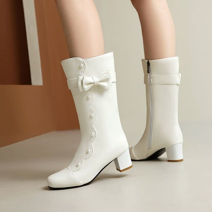 Faux Pearl Chunky Heel Mid-Calf Boots