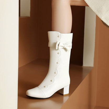 Faux Pearl Chunky Heel Mid-Calf Boots