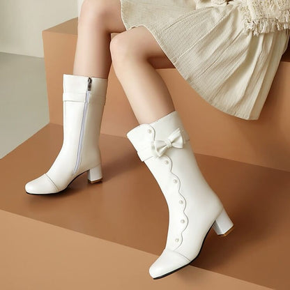 Faux Pearl Chunky Heel Mid-Calf Boots