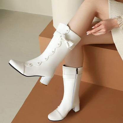 Faux Pearl Chunky Heel Mid-Calf Boots
