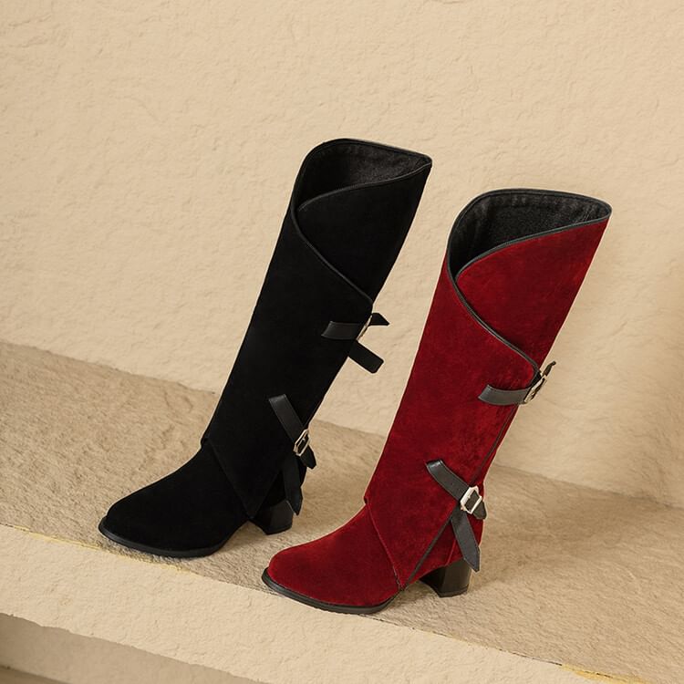 Buckled Asymmetrical Chunky Heel Tall Boots