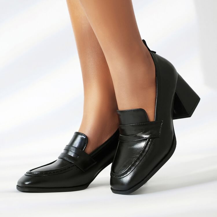Faux Leather Chunky Heel Penny Loafers