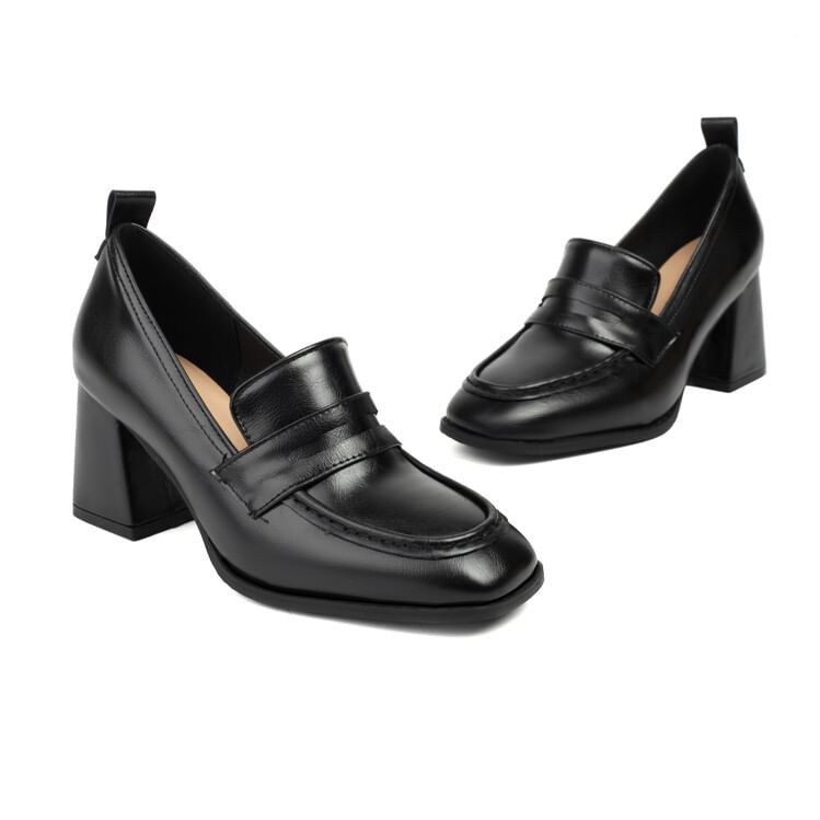 Faux Leather Chunky Heel Penny Loafers