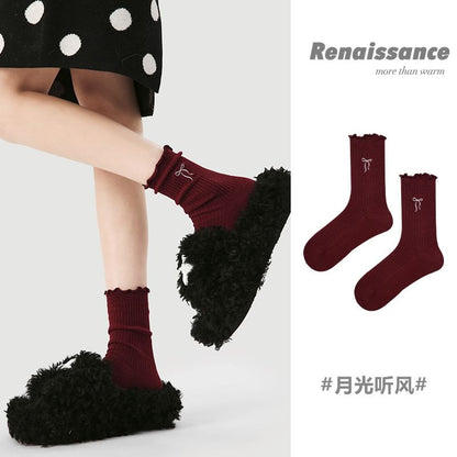 Bow Embroidered Lettuce Edge Socks