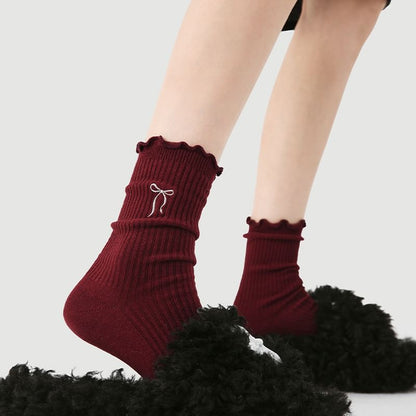 Bow Embroidered Lettuce Edge Socks