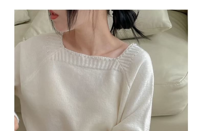 Pearl-Trim Square-Neck Loose Sweater in 5 Colors