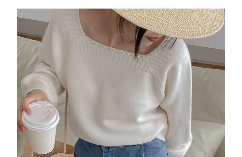 Pearl-Trim Square-Neck Loose Sweater in 5 Colors