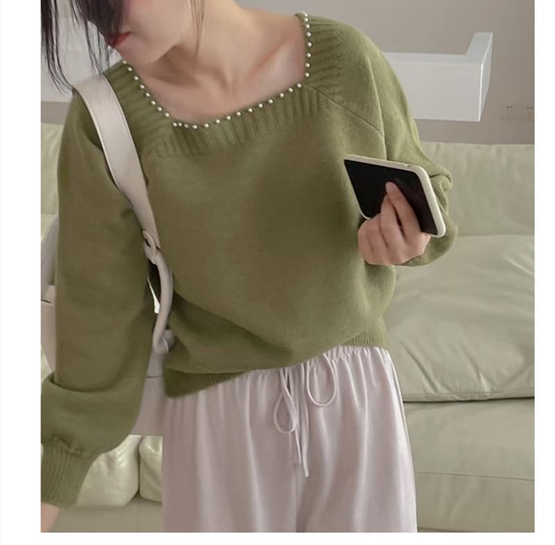 Pearl-Trim Square-Neck Loose Sweater in 5 Colors