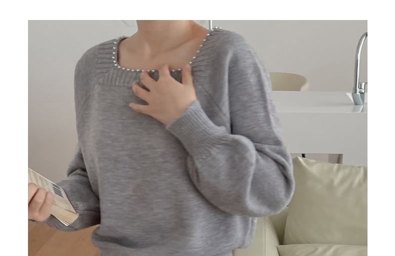 Pearl-Trim Square-Neck Loose Sweater in 5 Colors