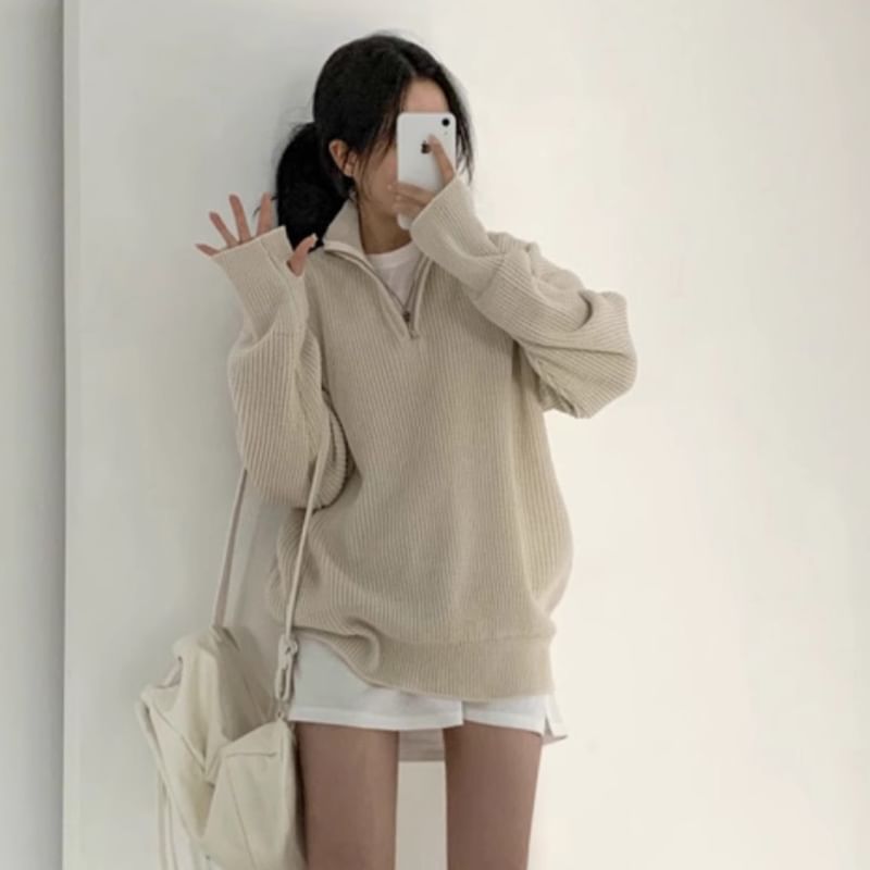 Half-Zip Plain Ribbed Oversized Sweater