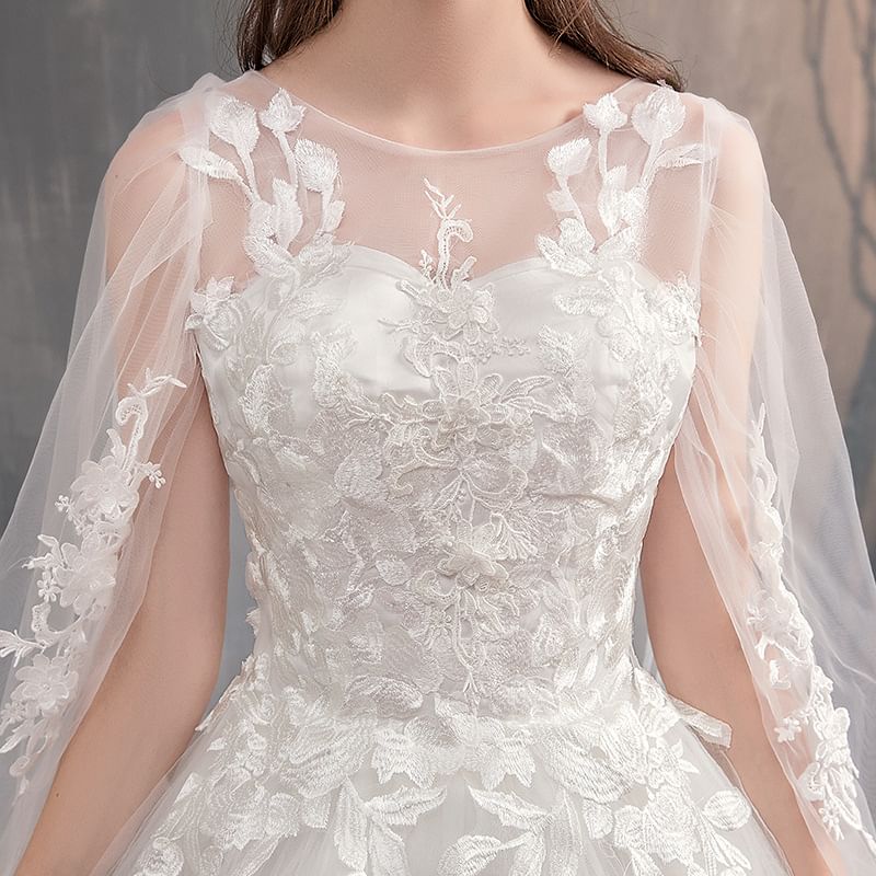 Wedding Gown Flower Flared-Sleeve Embroidered A-Line