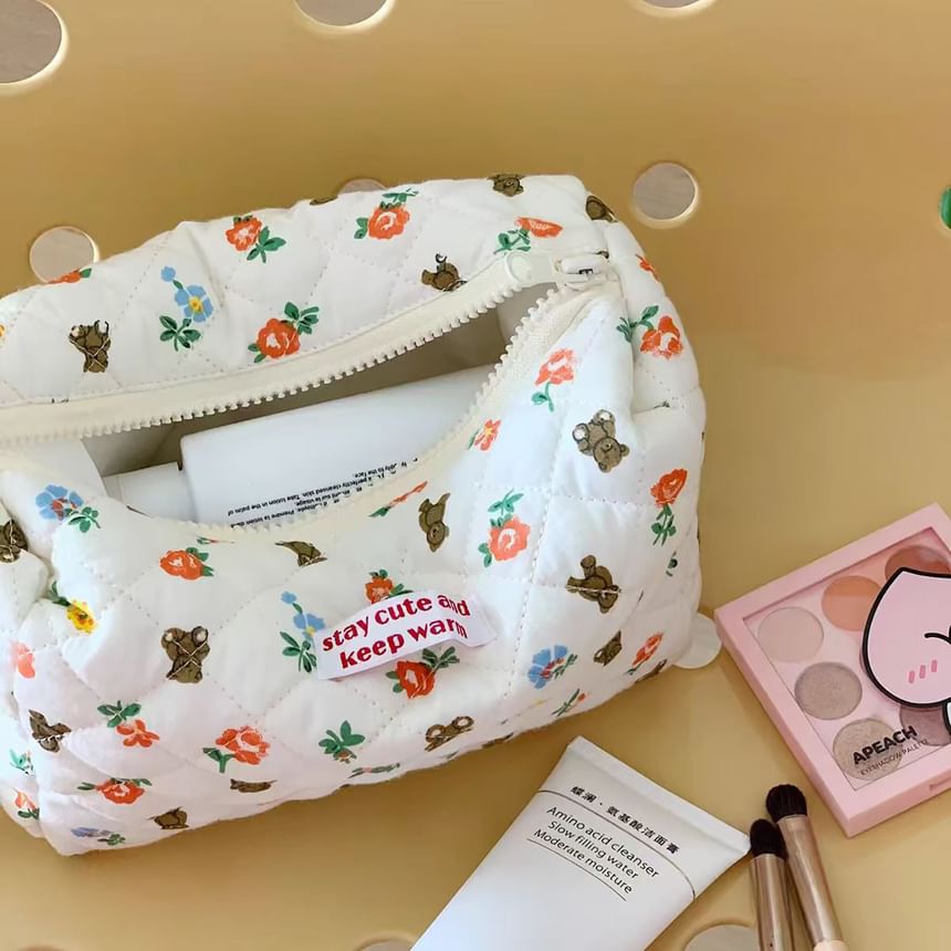 Bear Floral Fabric Makeup Bag / Clutch